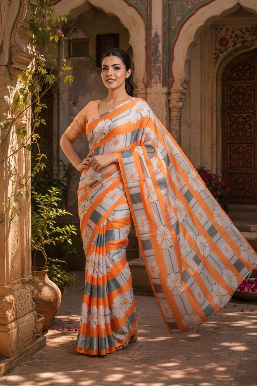 Satin Silk Floral Printed Saree With Unstitched Blouse (ORANGE) image 2