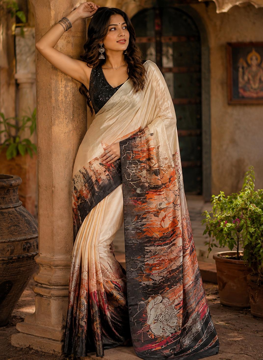 Crepe Silk Printed Saree With Unstitched Blouse(cream) image 2