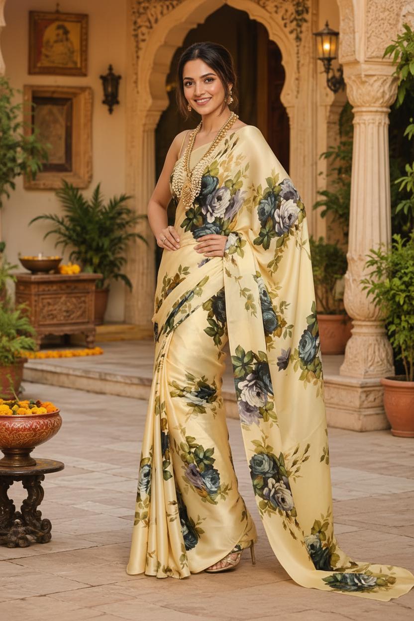 Satin Silk Printed Saree With Unstitched Blouse(yellow) image 2