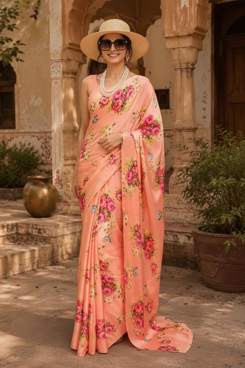 Satin Silk Printed Saree With Unstitched Blouse(orange) image 2