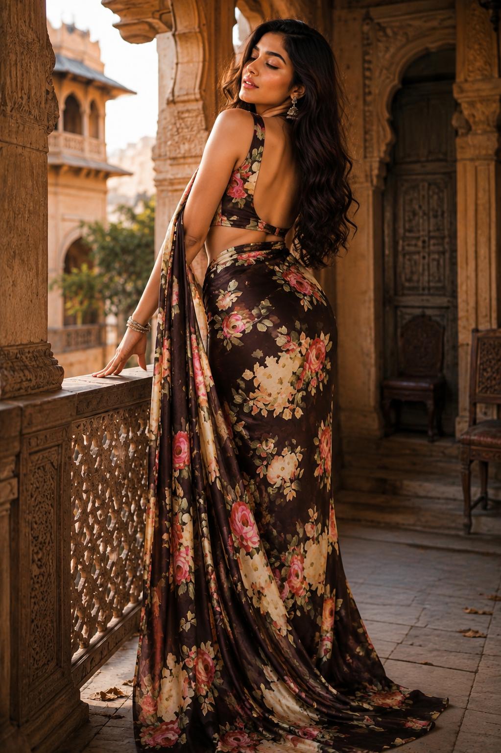 Satin Silk Printed Saree With Unstitched Blouse(black) image 2