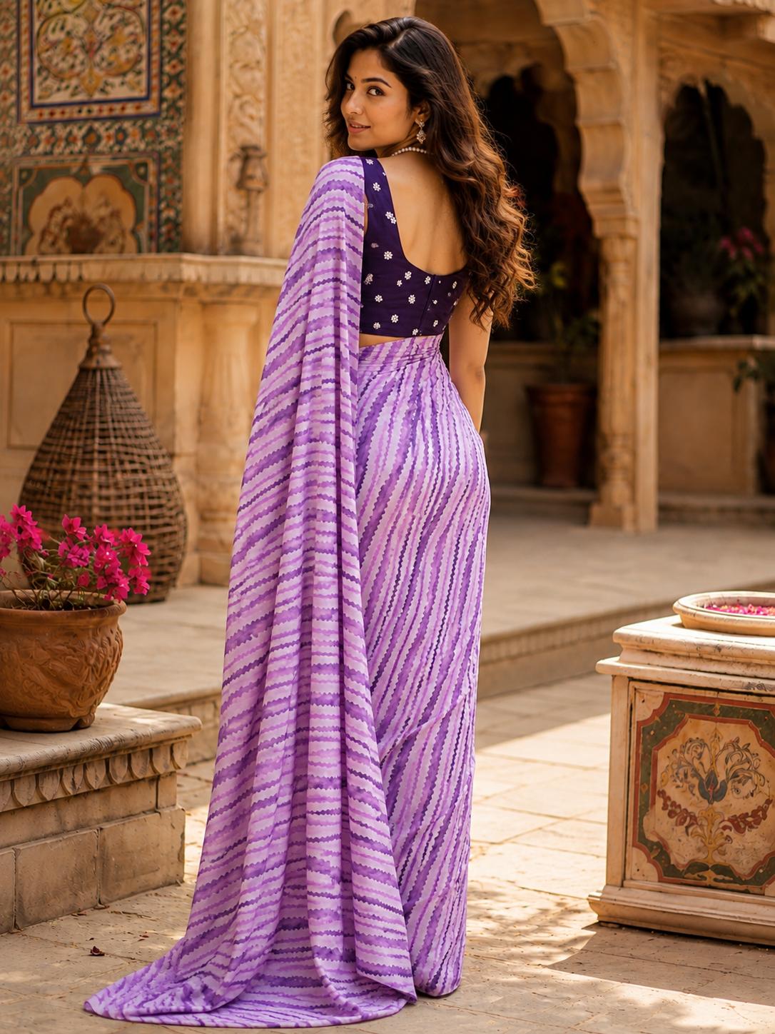 Modern Satin Silk Printed Saree With Unstitched Blouse(lavender) image 2