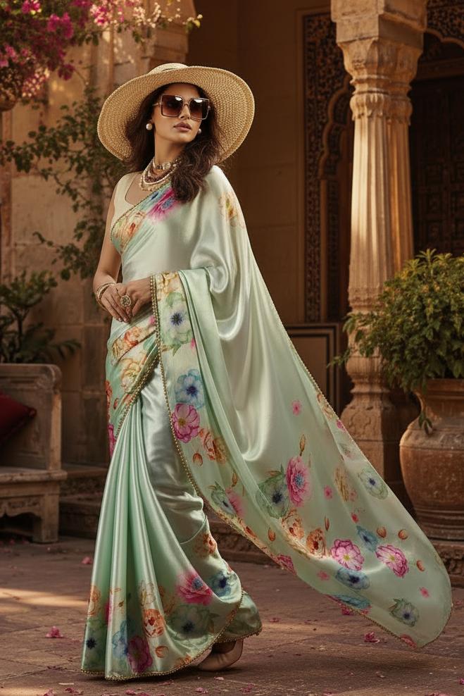 Satin Silk Party Wear Saree With Unstitched Blouse(green) image 2