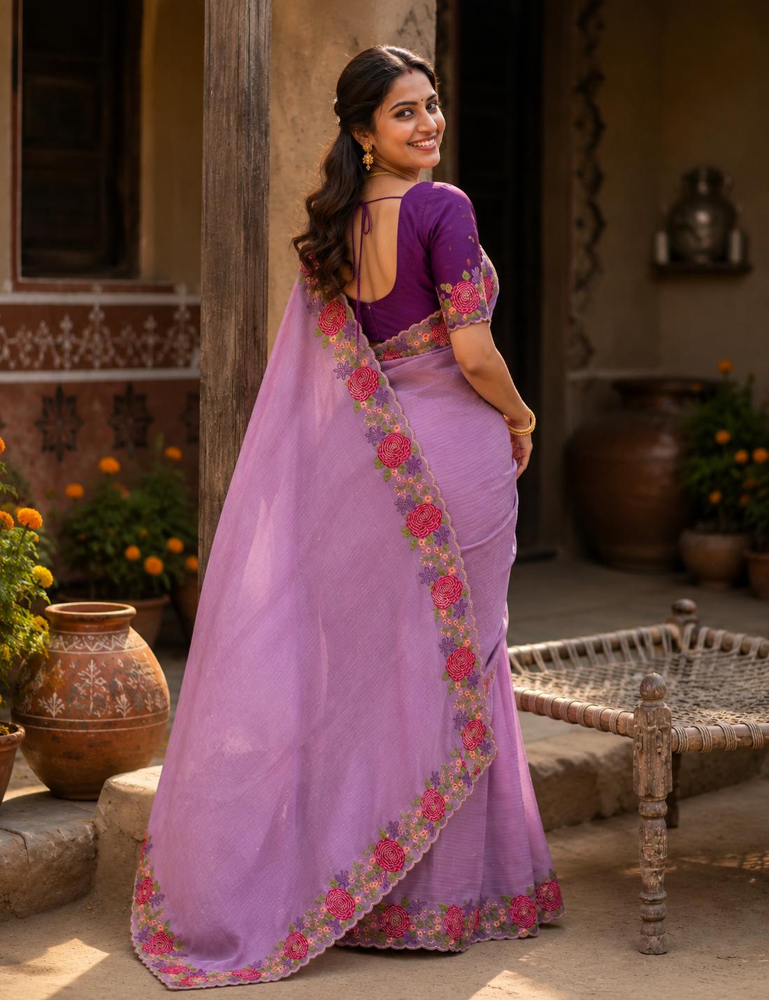 Star Georgette Heavy Work Saree With Unstitched Blouse(lavender) image 2