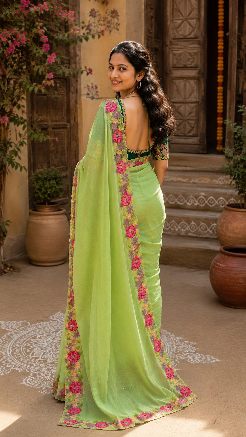 Star Georgette Heavy Work Saree With Unstitched Blouse(green) image 2
