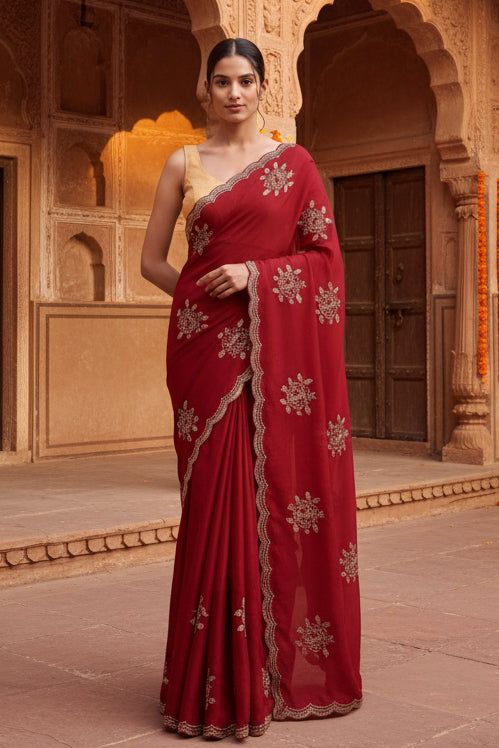 Soft Rangoli Silk Embroidery Work Saree With Unstitched Blouse(red) image 2