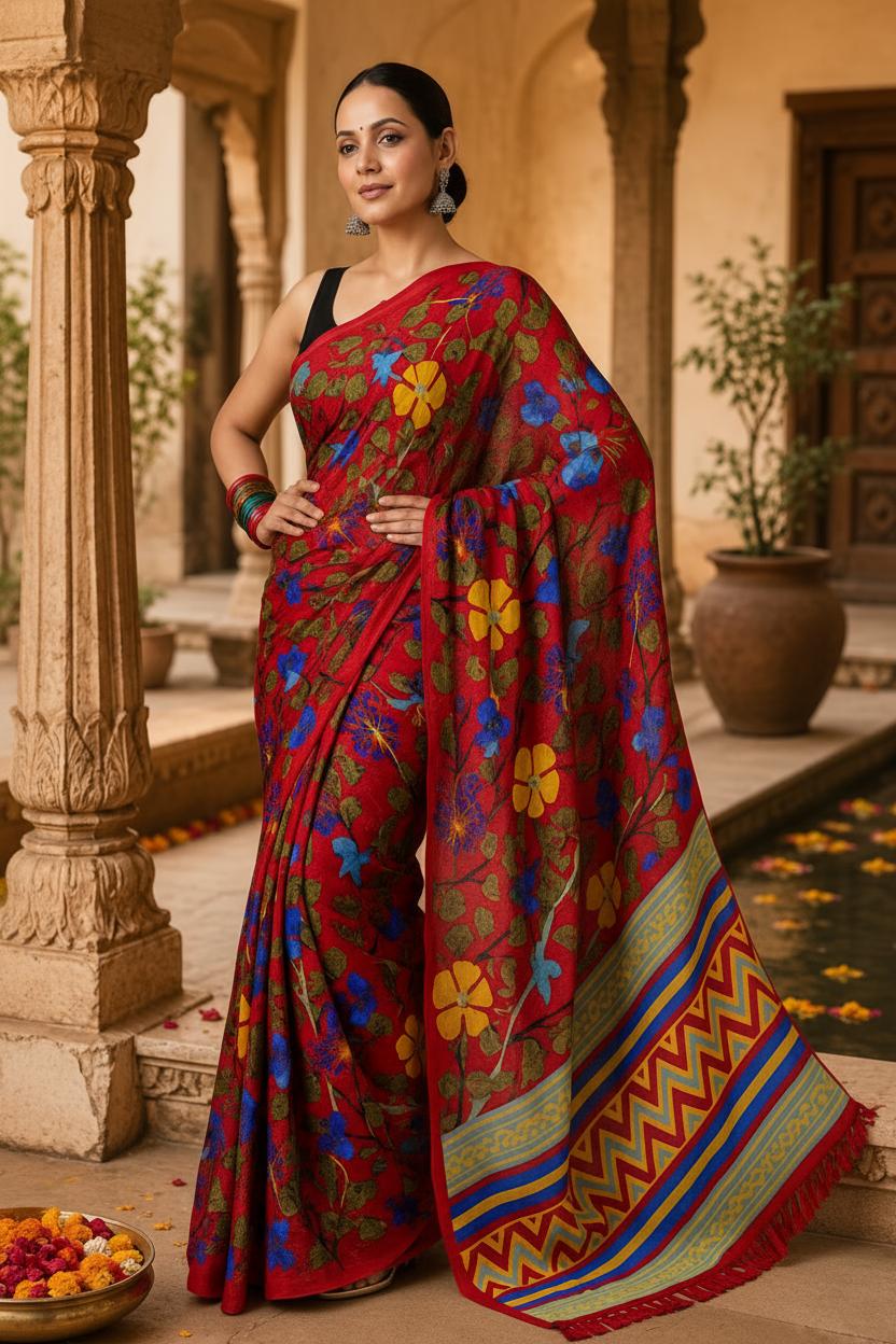 Georgette Printed Saree With Unstitched Blouse(red) image 2