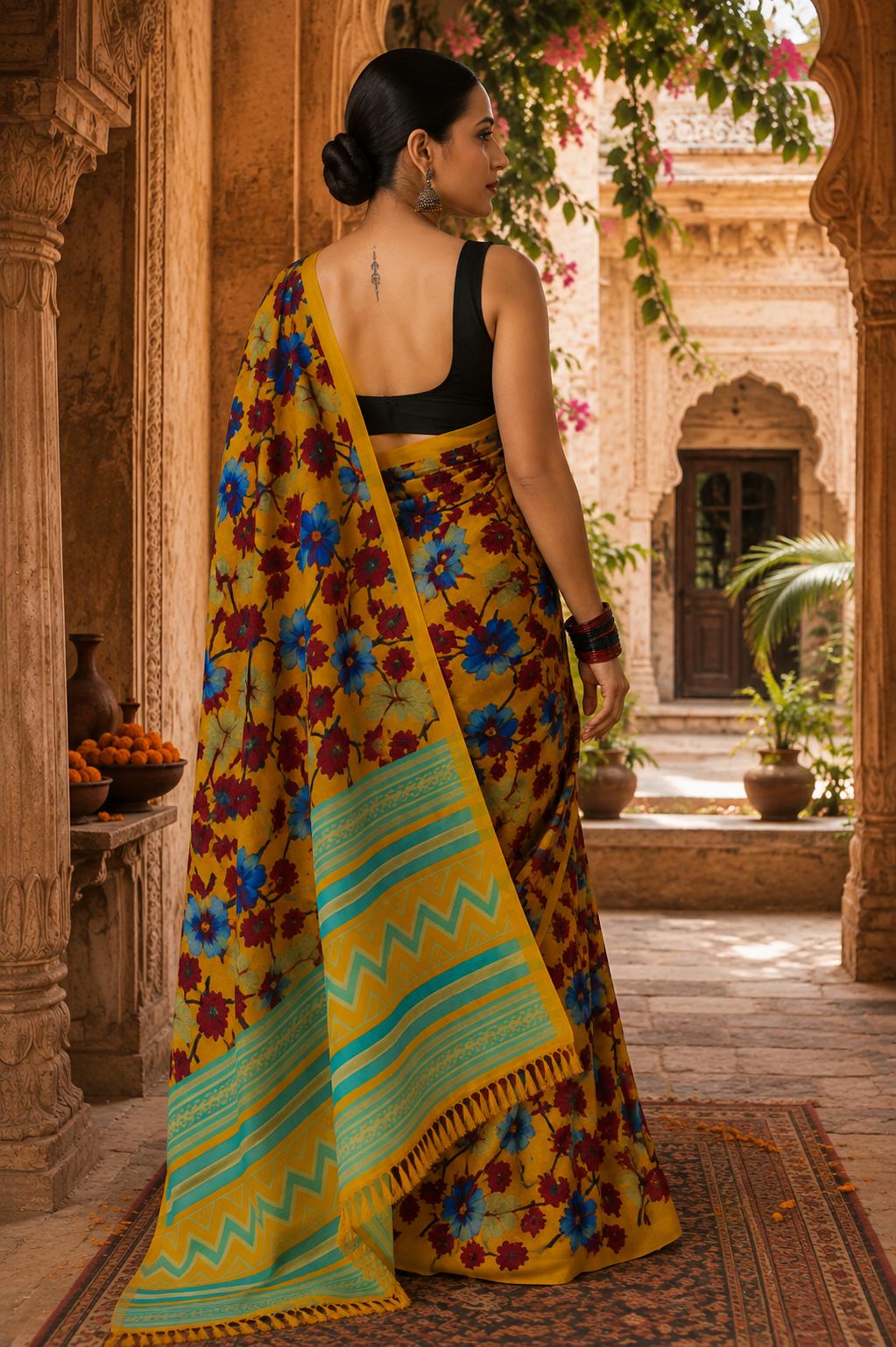 Georgette Printed Saree With Unstitched Blouse(mustard) image 2