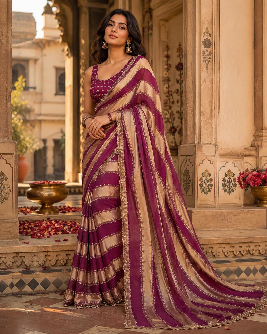 Sattin Dual Shed With Heavy Val Siroski Diamond Work Saree With Unstitched Blouse (WINE) image 2