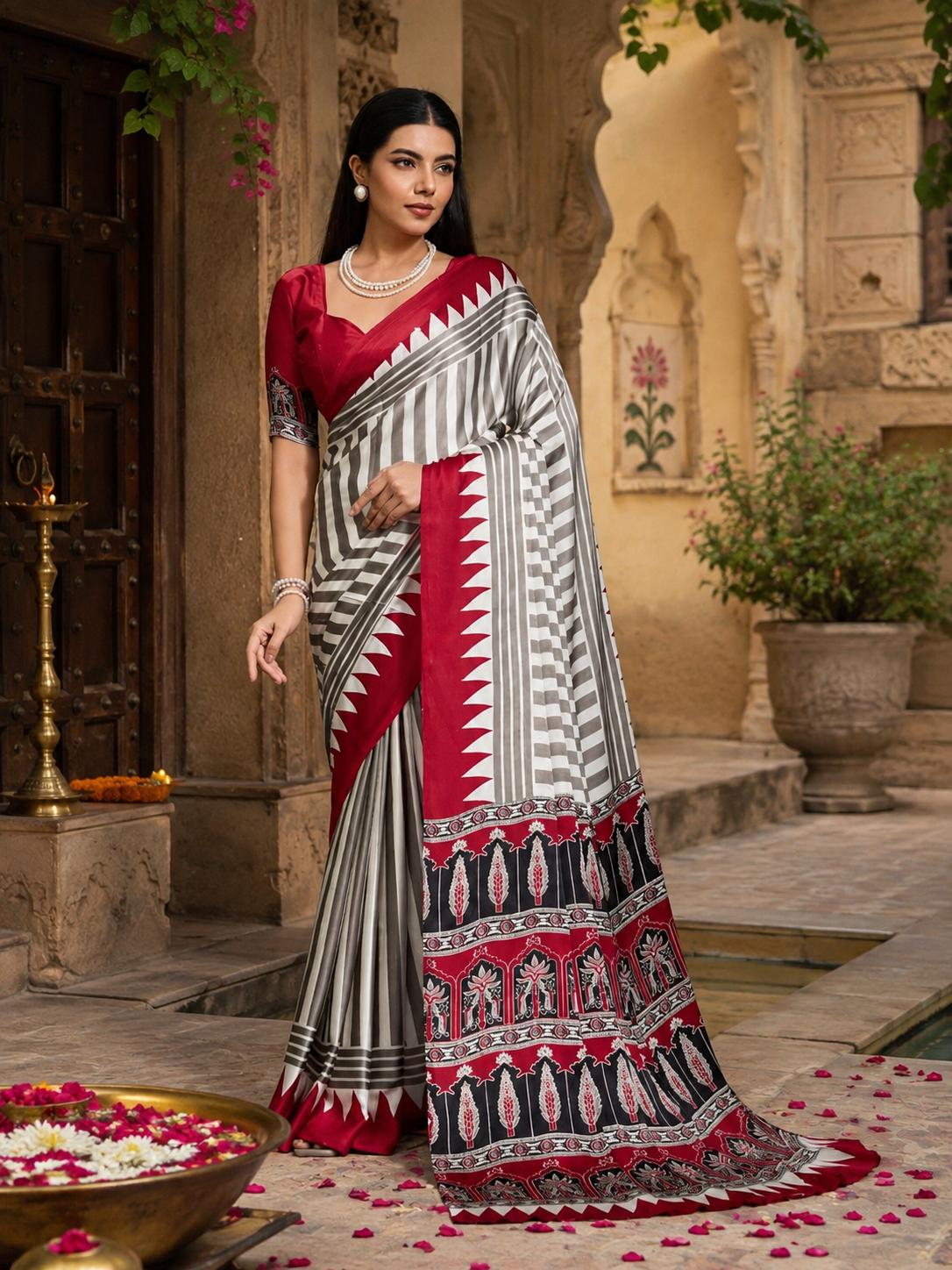Satin Silk Ajrakh Print Saree With Unstitched Blouse(red) image 2