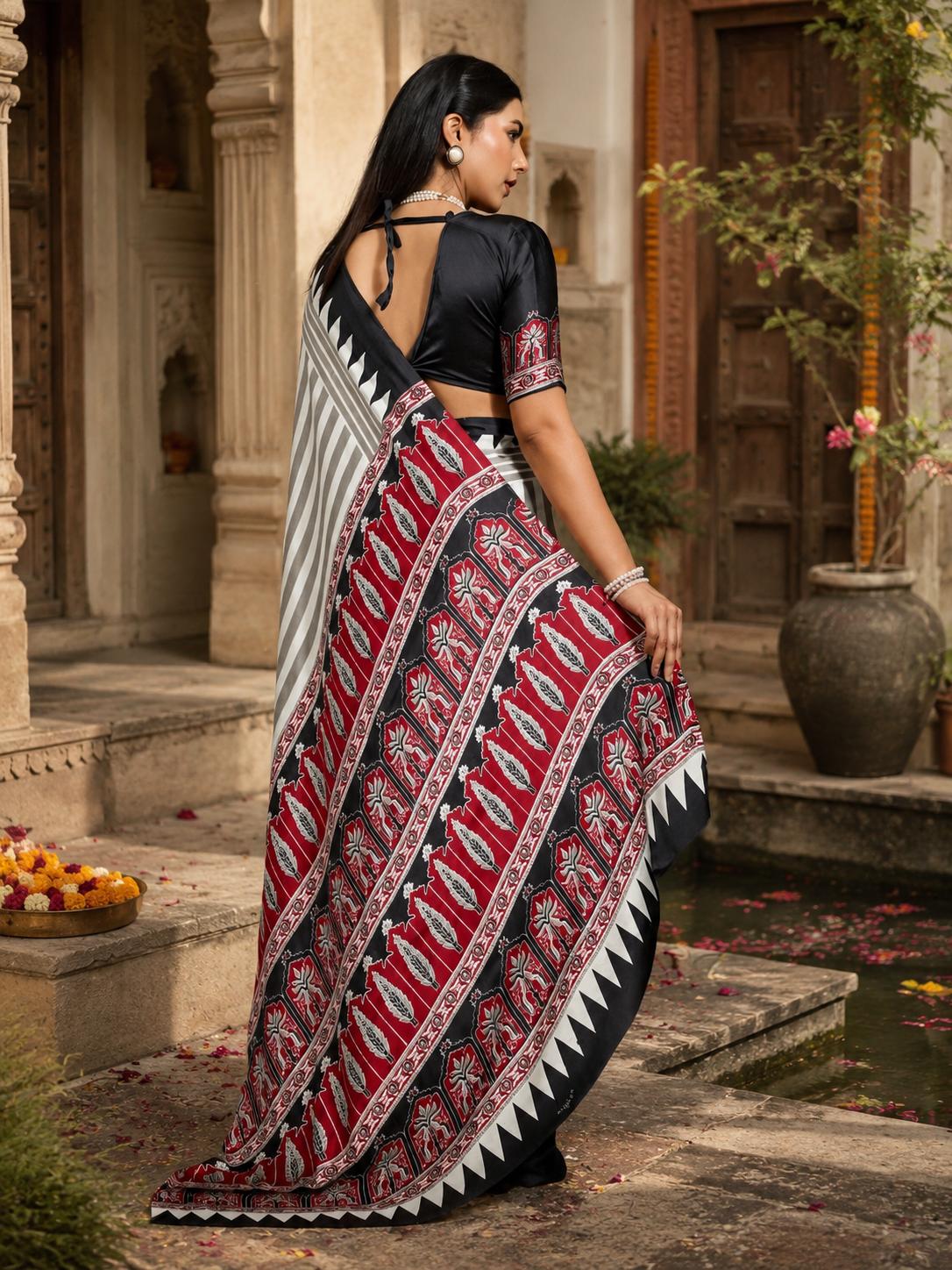 Satin Silk Ajrakh Print Saree With Unstitched Blouse(black) image 2