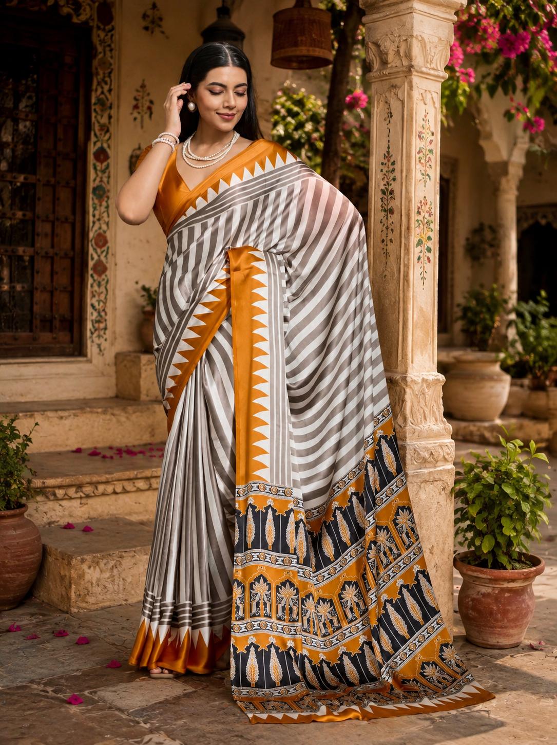 Satin Silk Ajrakh Print Saree With Unstitched Blouse(yellow) image 2