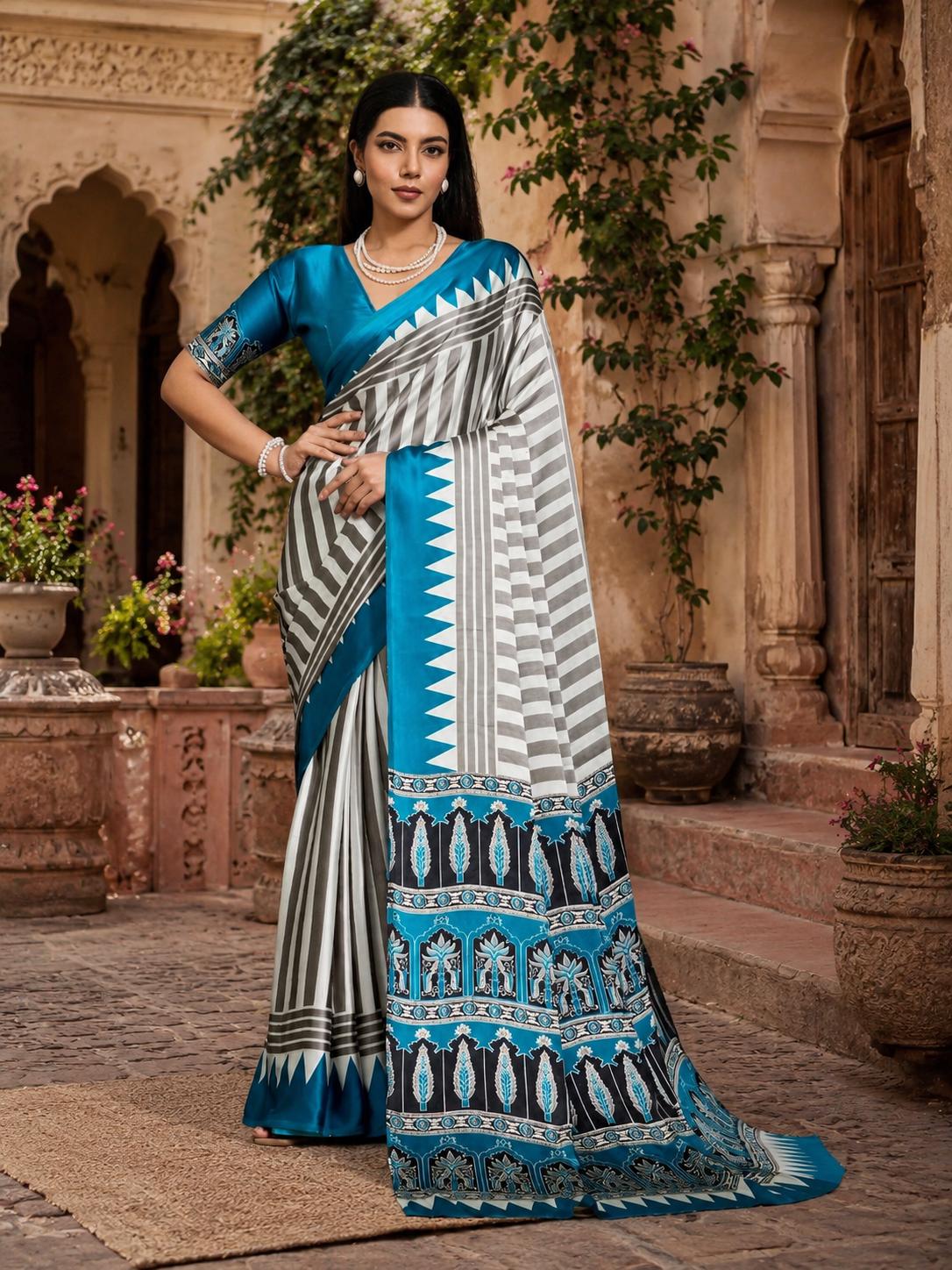 Satin Silk Ajrakh Print Saree With Unstitched Blouse(blue) image 2