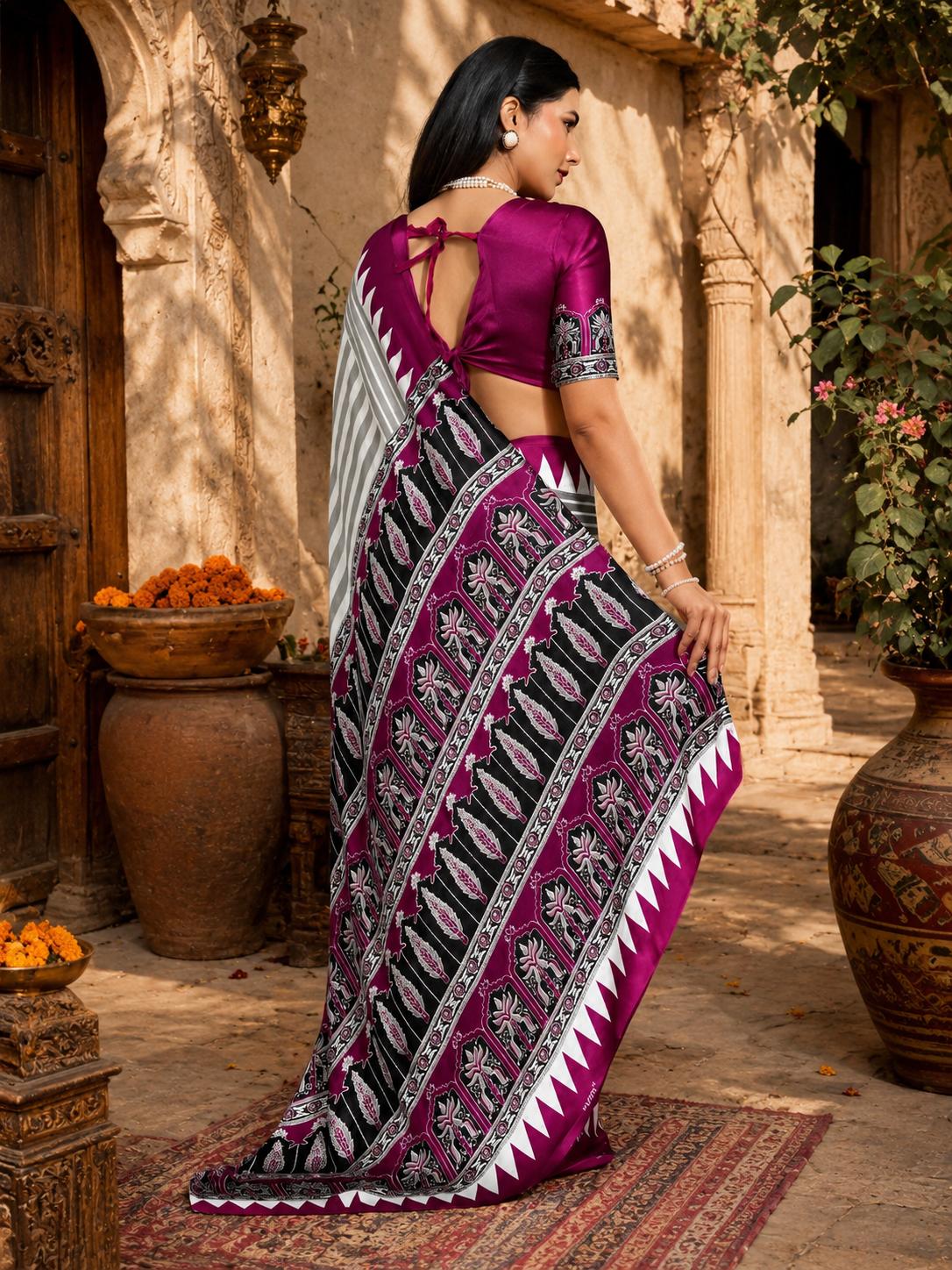 Satin Silk Ajrakh Print Saree With Unstitched Blouse(wine) image 2