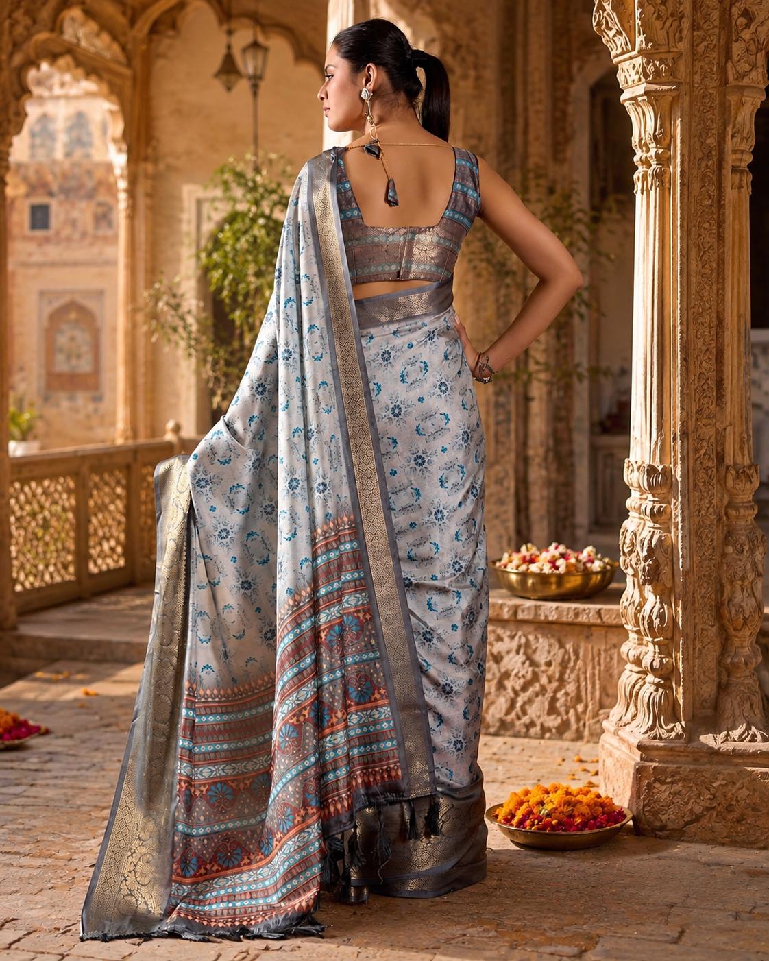 Soft Litchi Silk Party Wear Saree With Unstitched Blouse(grey) image 2