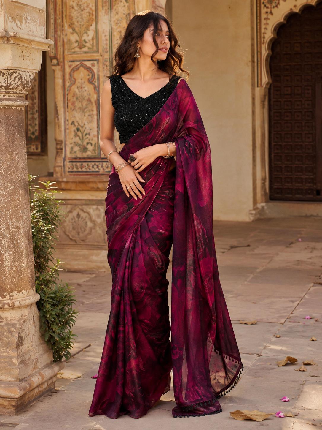 Satin Silk Party Wear Saree With Unstitched Blouse(red) image 2