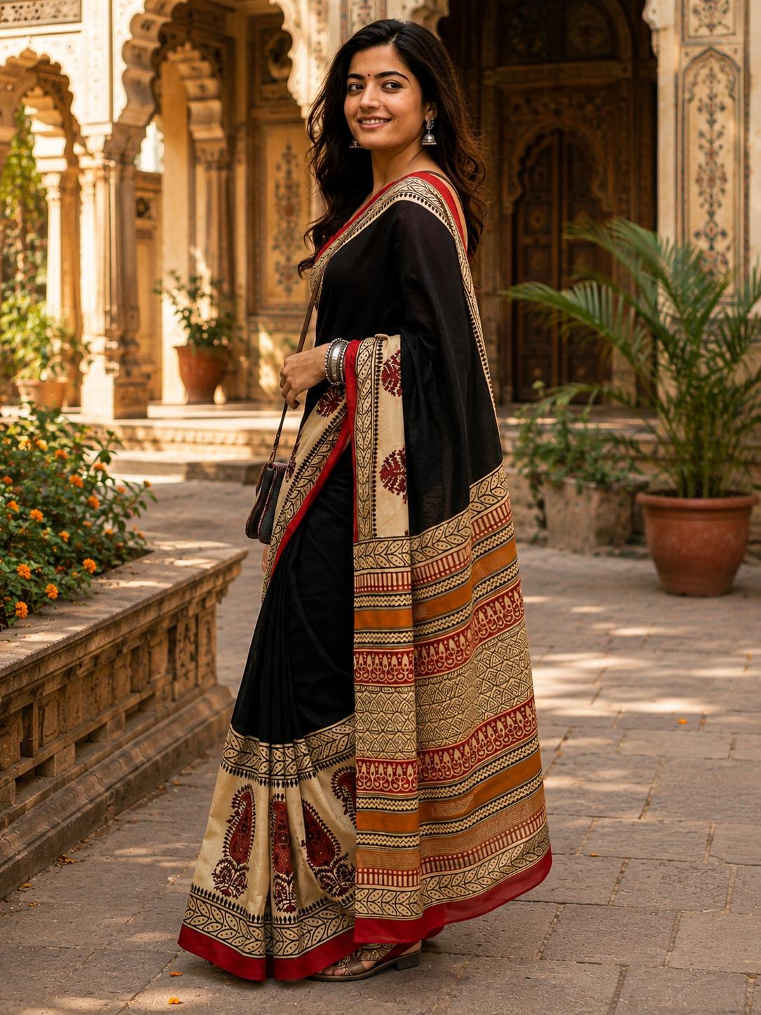 Mulmul Cotton Printed Saree With Unstitched Blouse(black) image 2