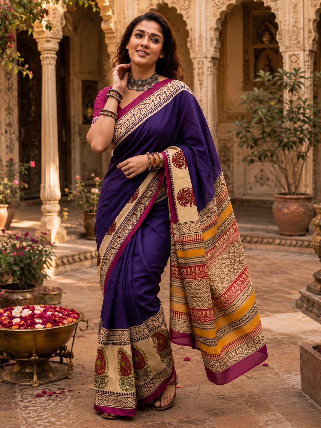 Mulmul Cotton Printed Saree With Unstitched Blouse(purple) image 2