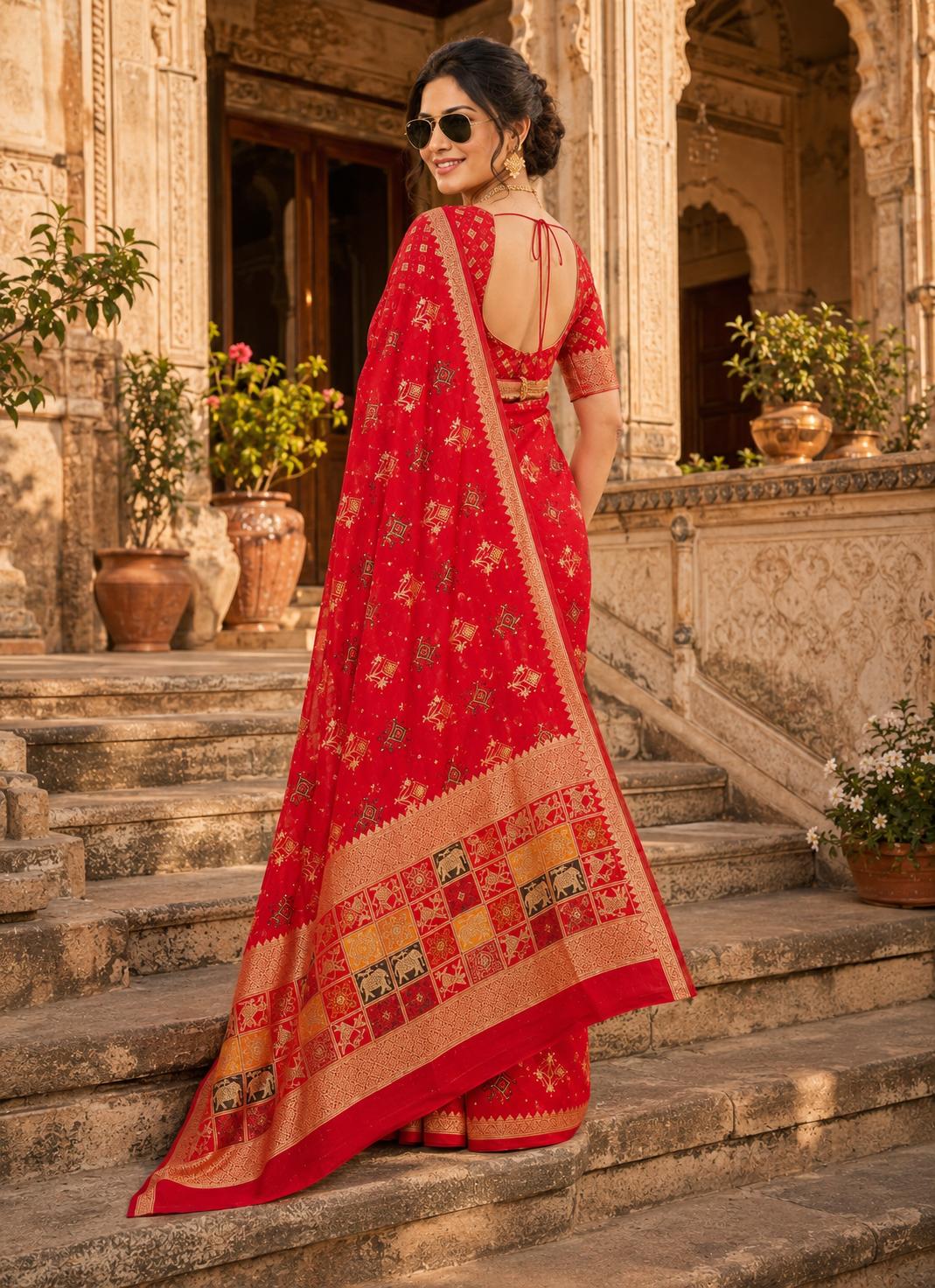 Dola Silk Soft Rajwadi Kashmiri Thread Zari Weaving Border With Unstitched Butti Blouse (RED) image 2