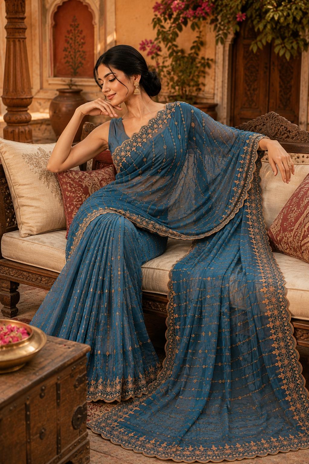 Moss Gold Shine Multi Sequence Emrodairy Work Saree With Unstitched Blouse (BLUE) image 2