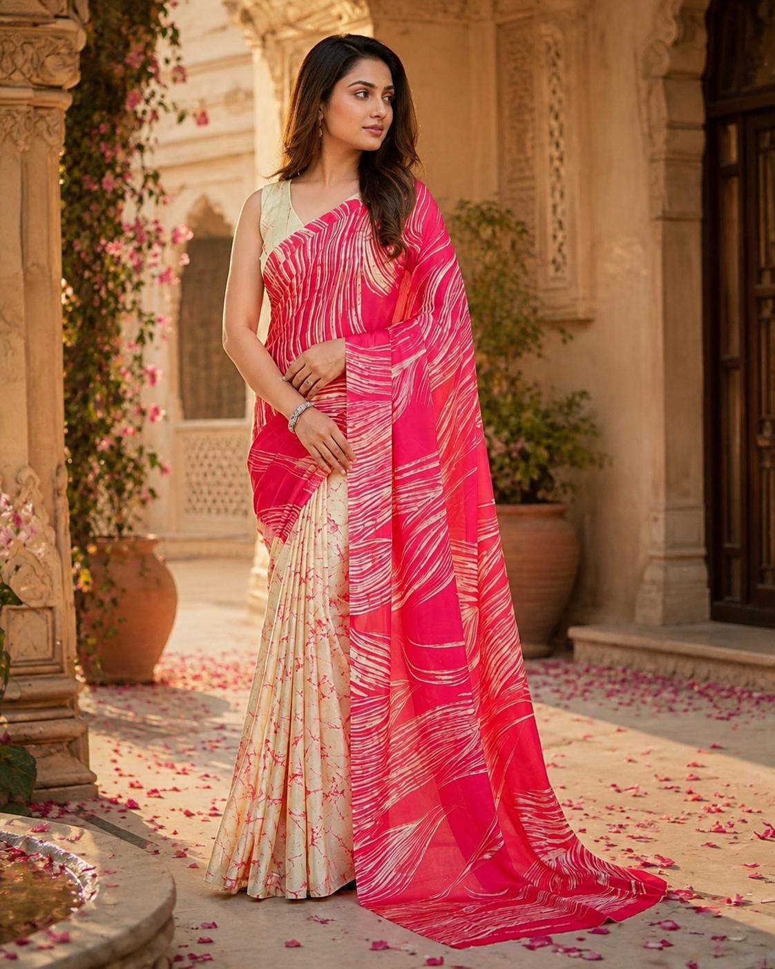 Satin Silk Printed Saree With Unstitched Blouse(rani) image 2