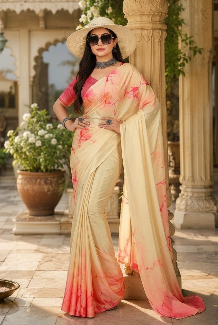 Satin Silk Printed Saree With Unstitched Blouse(beige) image 2