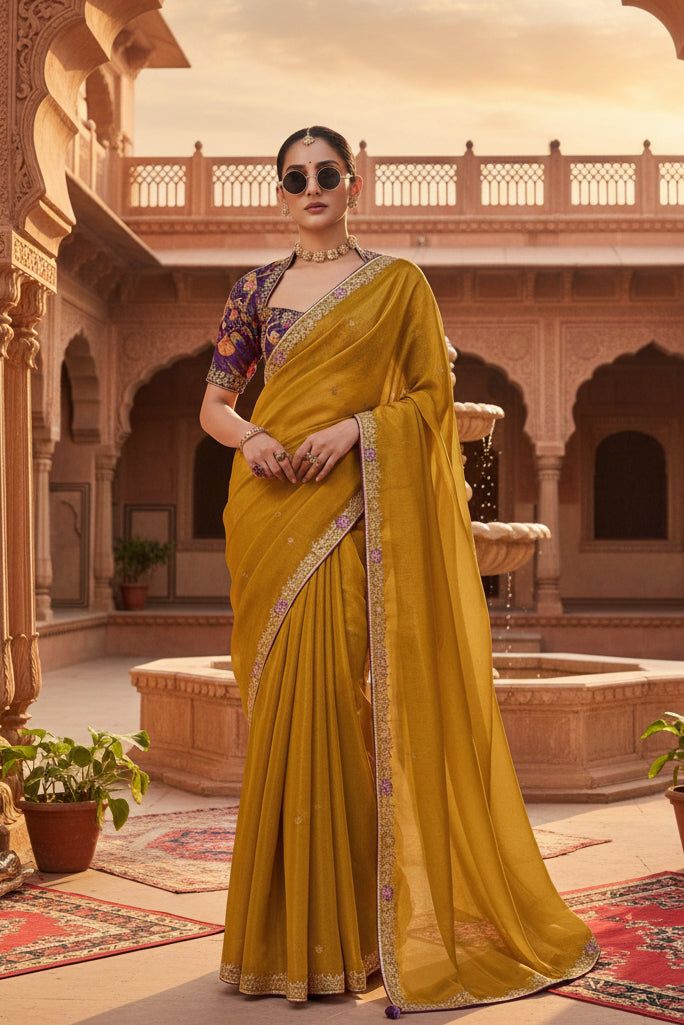 Premium Tissue Silk Embroidery Work Saree With Unstitched Blouse(mustard) image 2