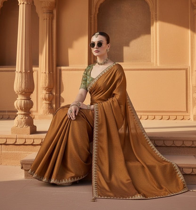 Premium Tissue Silk Embroidery Work Saree With Unstitched Blouse(brown) image 2