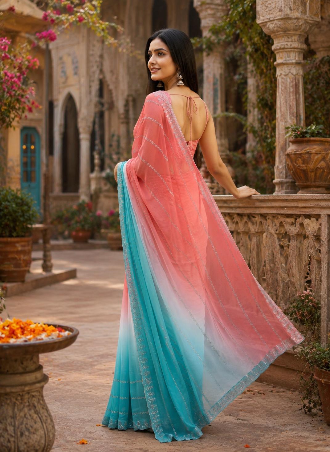Georgette Swarovski Printed Saree With Unstitched Blouse(pink) image 2