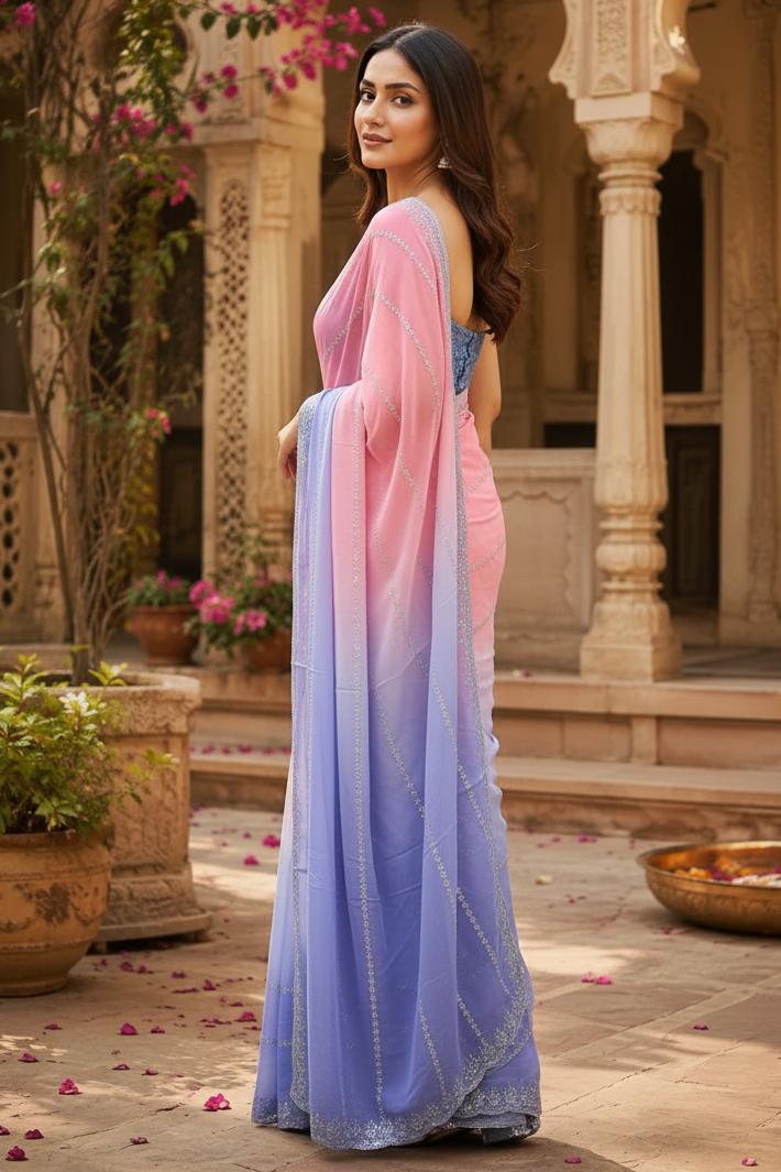 Georgette Swarovski Printed Saree With Unstitched Blouse(light Pink) image 2