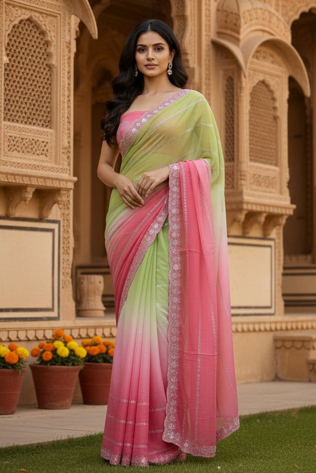 Georgette Swarovski Printed Saree With Unstitched Blouse(light Green) image 2