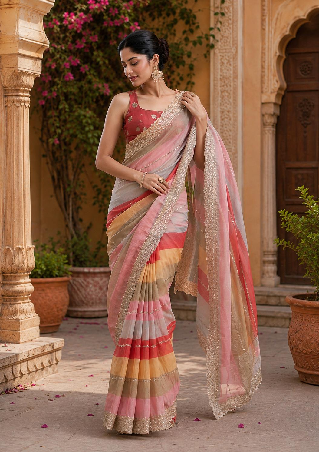 Premium Zari Border Silk Saree With Unstitched Blouse(multicolor) image 2