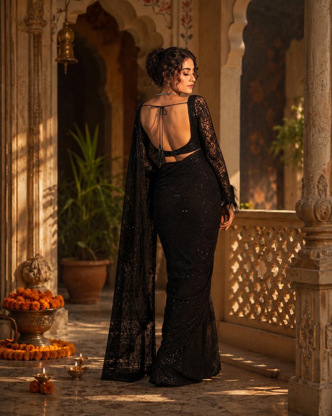 Soft Net Sequins Embroidery Work Border Scallop Saree With Unstitched Blouse (BLACK) image 2