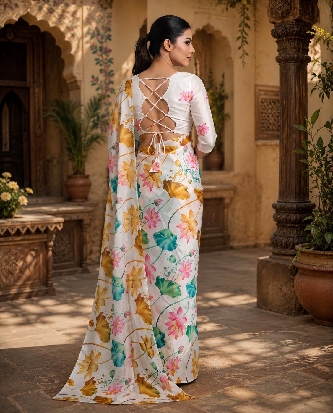 Premium Satin Silk Printed Saree With Unstitched Blouse(white) image 2