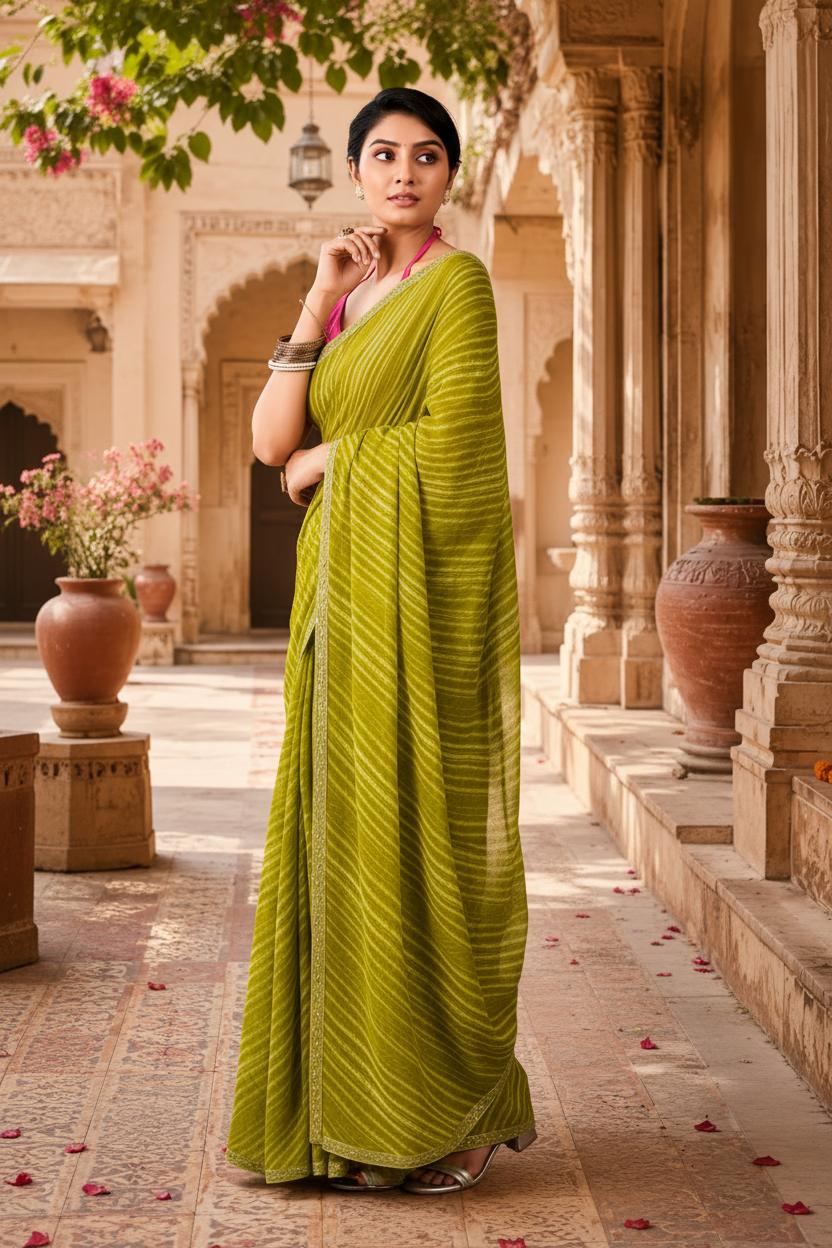 Premium Georgette Bandhani Work Saree With Unstitched Blouse(green) image 2