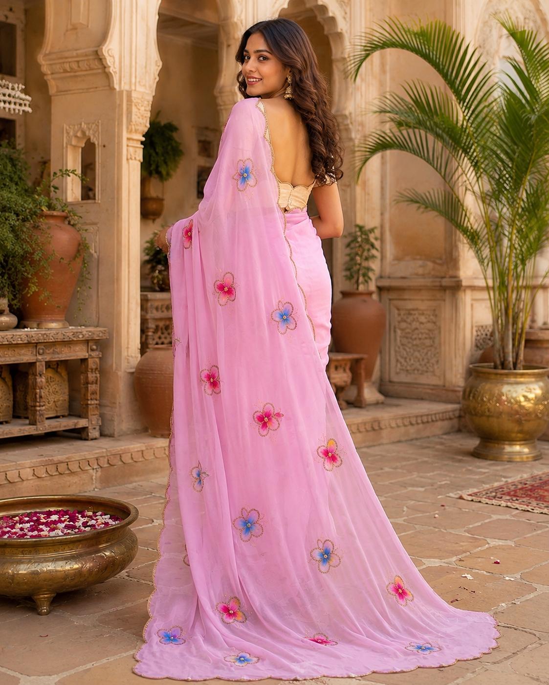Premium Georgette Butterfly Patch Work Saree With Unstitched Blouse(pink) image 2