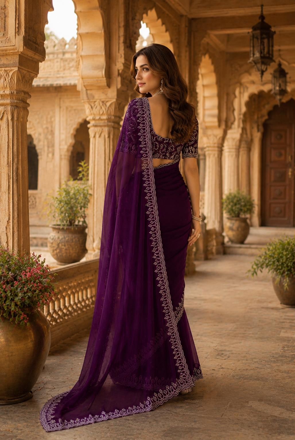 Premium Georgette Sequins Border Work Saree With Unstitched Blouse(wine) image 2