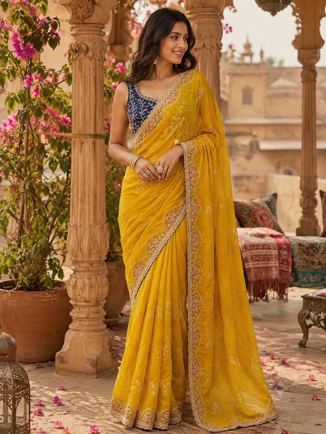 Premium Georgette Embroidery Thread Work Saree With Unstitched Blouse(mustard) image 2