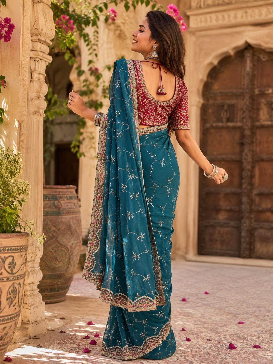 Premium Georgette Embroidery Thread Work Saree With Unstitched Blouse(blue) image 2