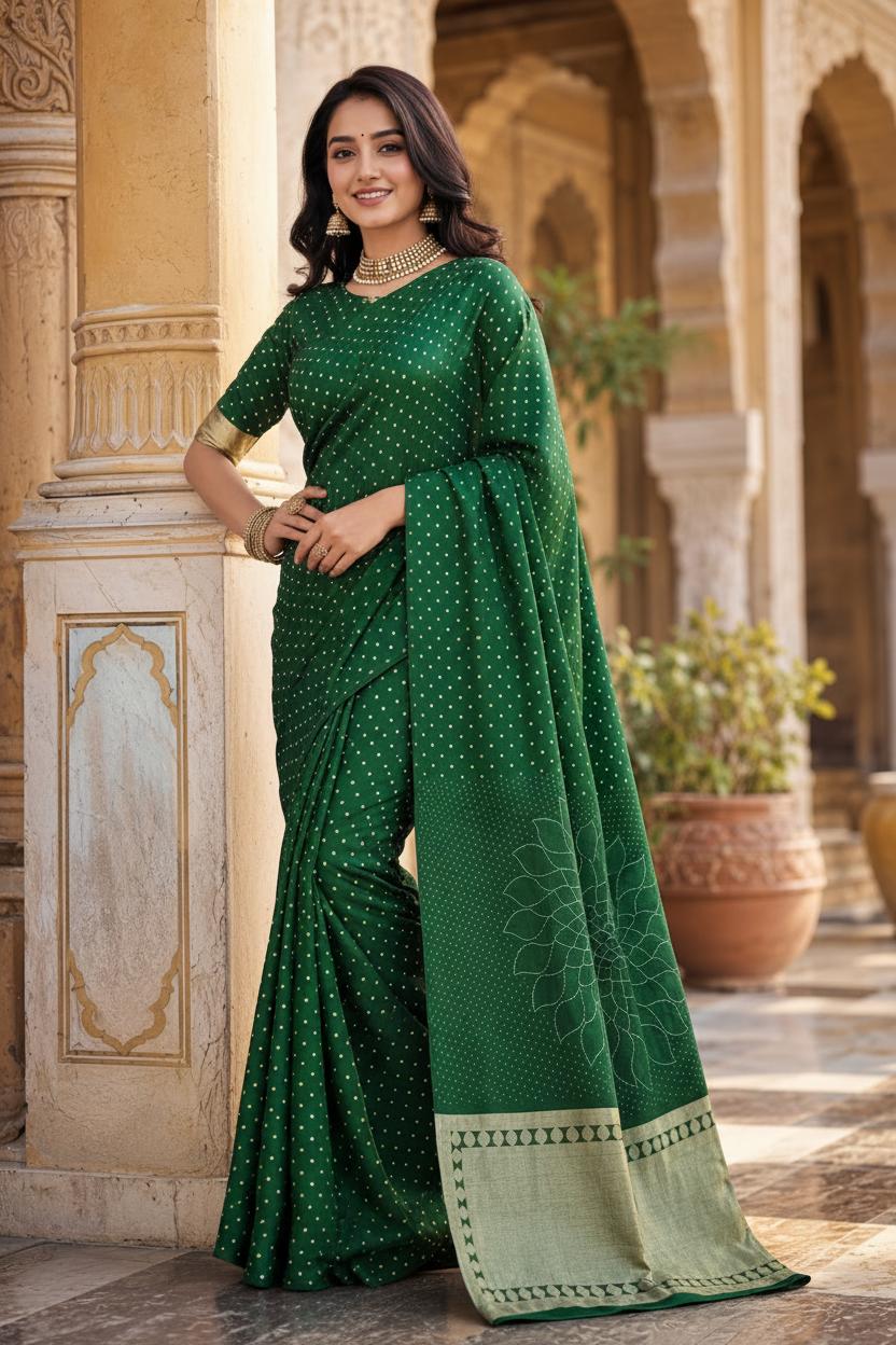 Satin Silk Bandhani Bhej Work Saree With Unstitched Blouse(green) image 2