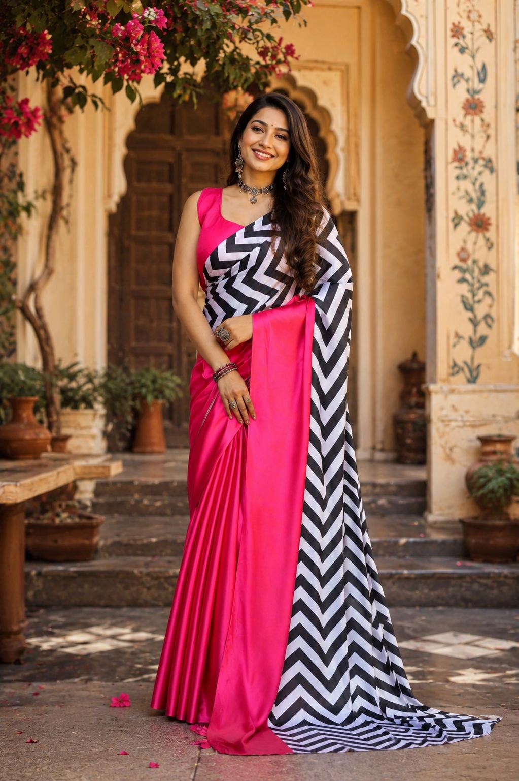 Premium Satin Silk Saree With Unstitched Blouse(pink) image 2
