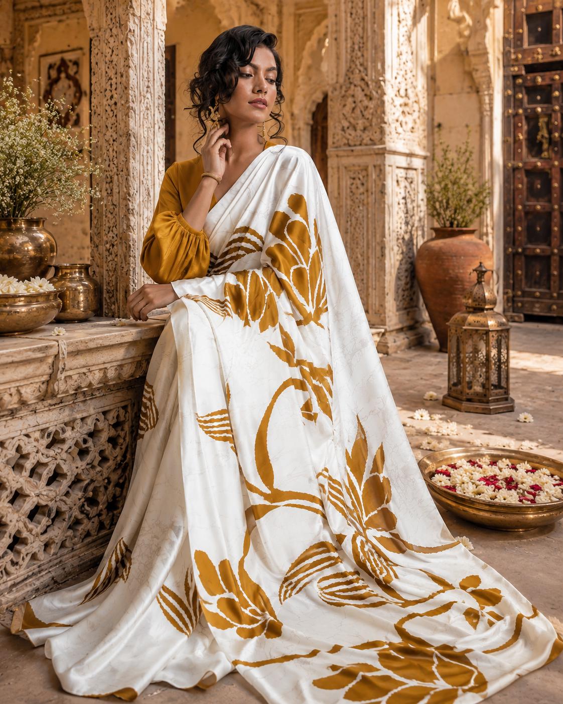 Satin Silk Digital Printed Saree With Unstitched Blouse(mustard) image 2