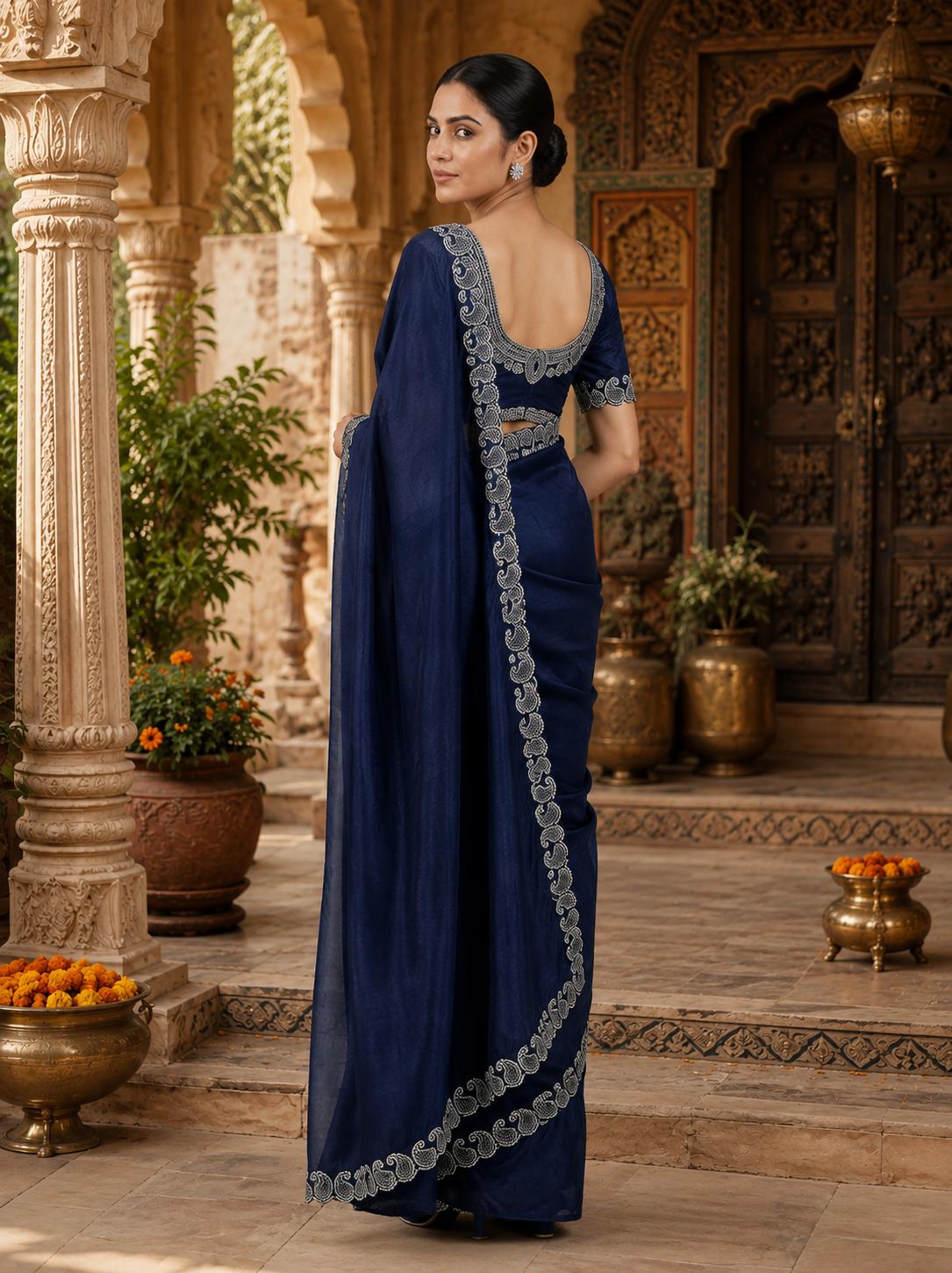Elegant Zarkhan Diamond Work Space Silk Saree With Unstitched Blouse(navy Blue) image 2