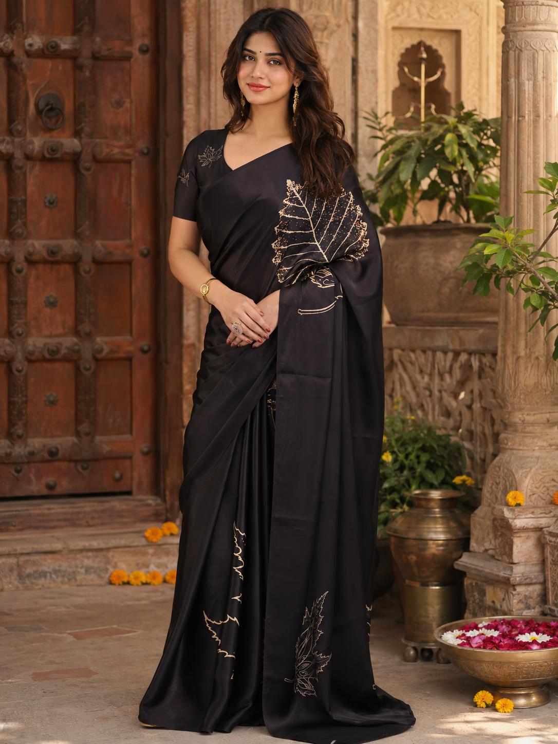 Satin Silk Printed Saree With Unstitched Blouse(black) image 2