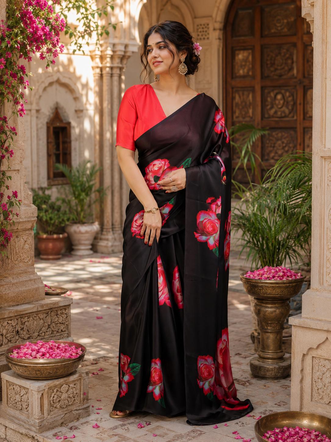 Satin Silk Printed Saree With Unstitched Blouse(red) image 2