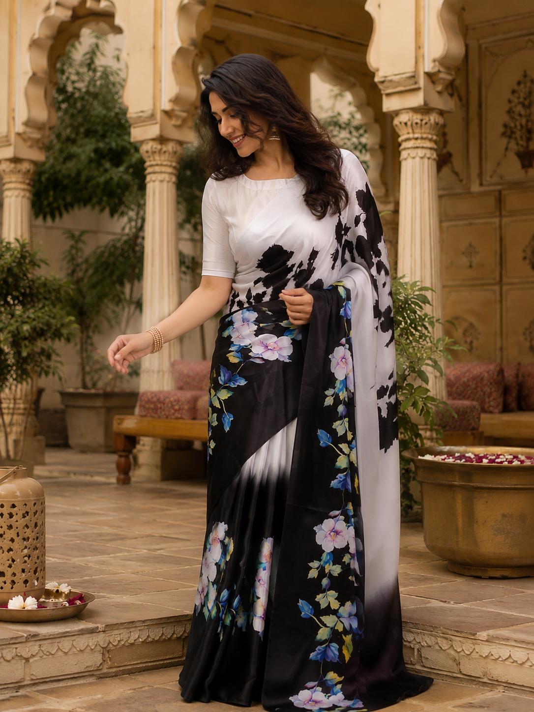 Satin Silk Printed Saree With Unstitched Blouse(white) image 2