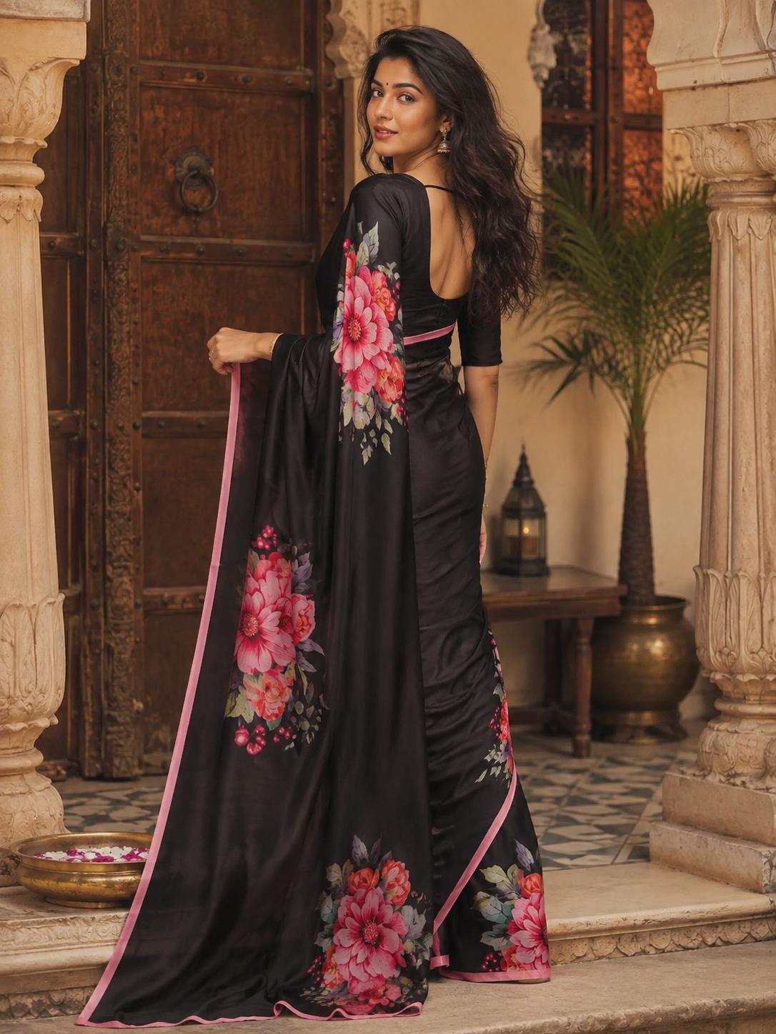 Satin Silk Printed Saree With Unstitched Blouse(black) image 2