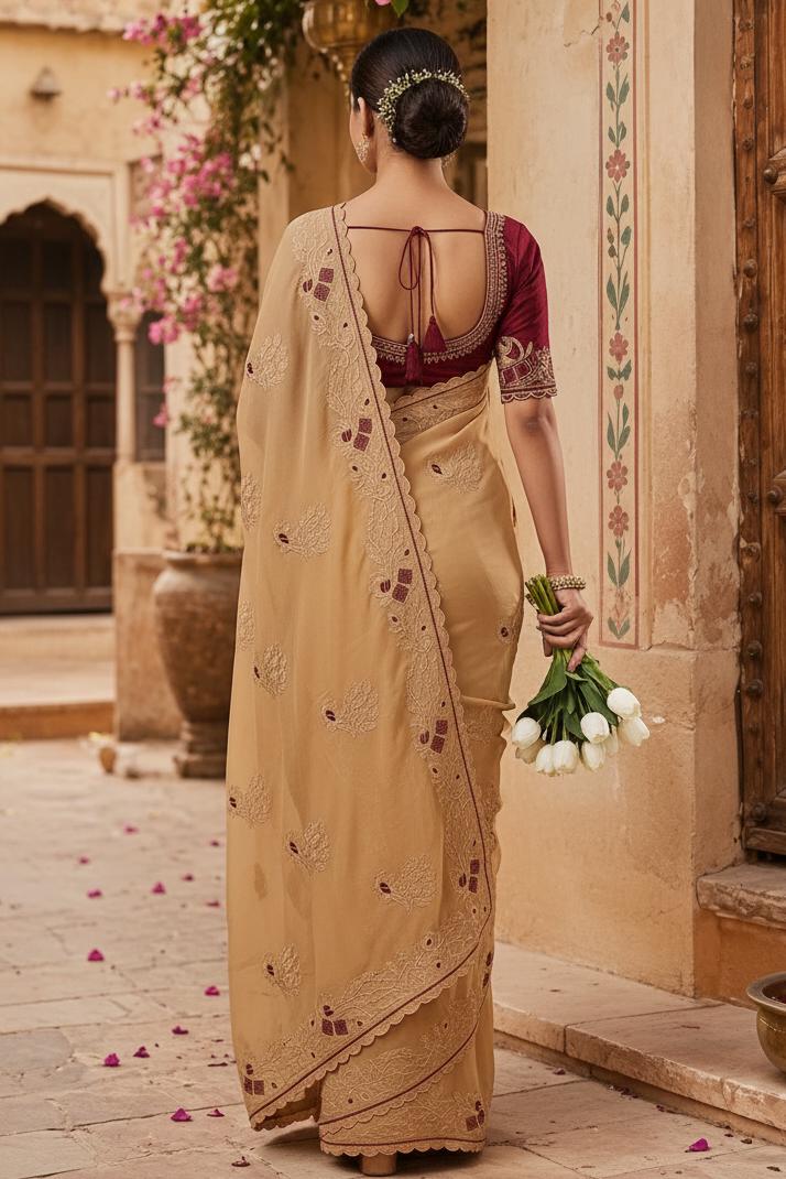 Premium Georgette Multi Embroidery Work Saree With Unstitched Blouse(golden) image 2