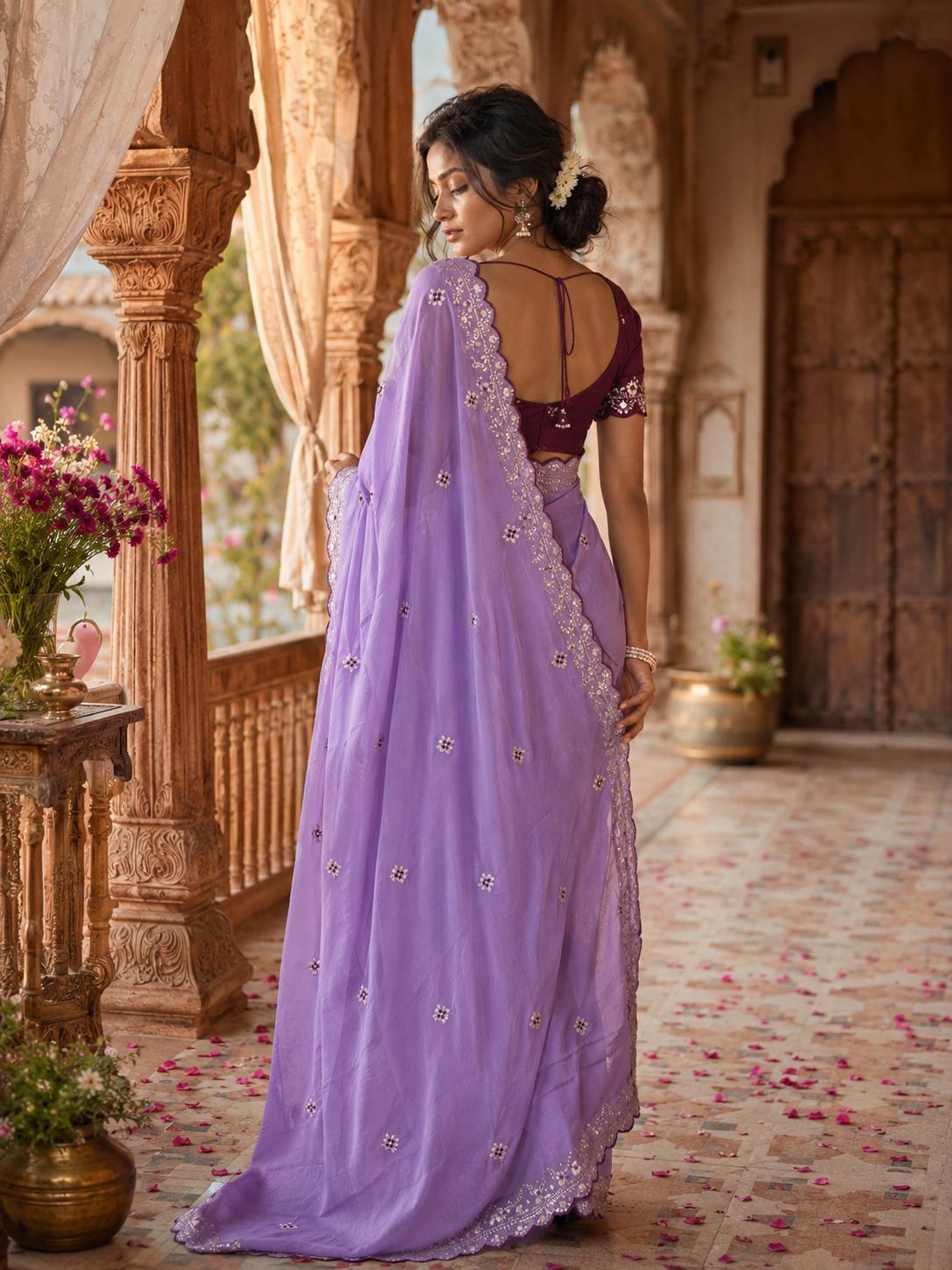 Premium Georgette Saree With Unstitched Blouse(lavender) image 2