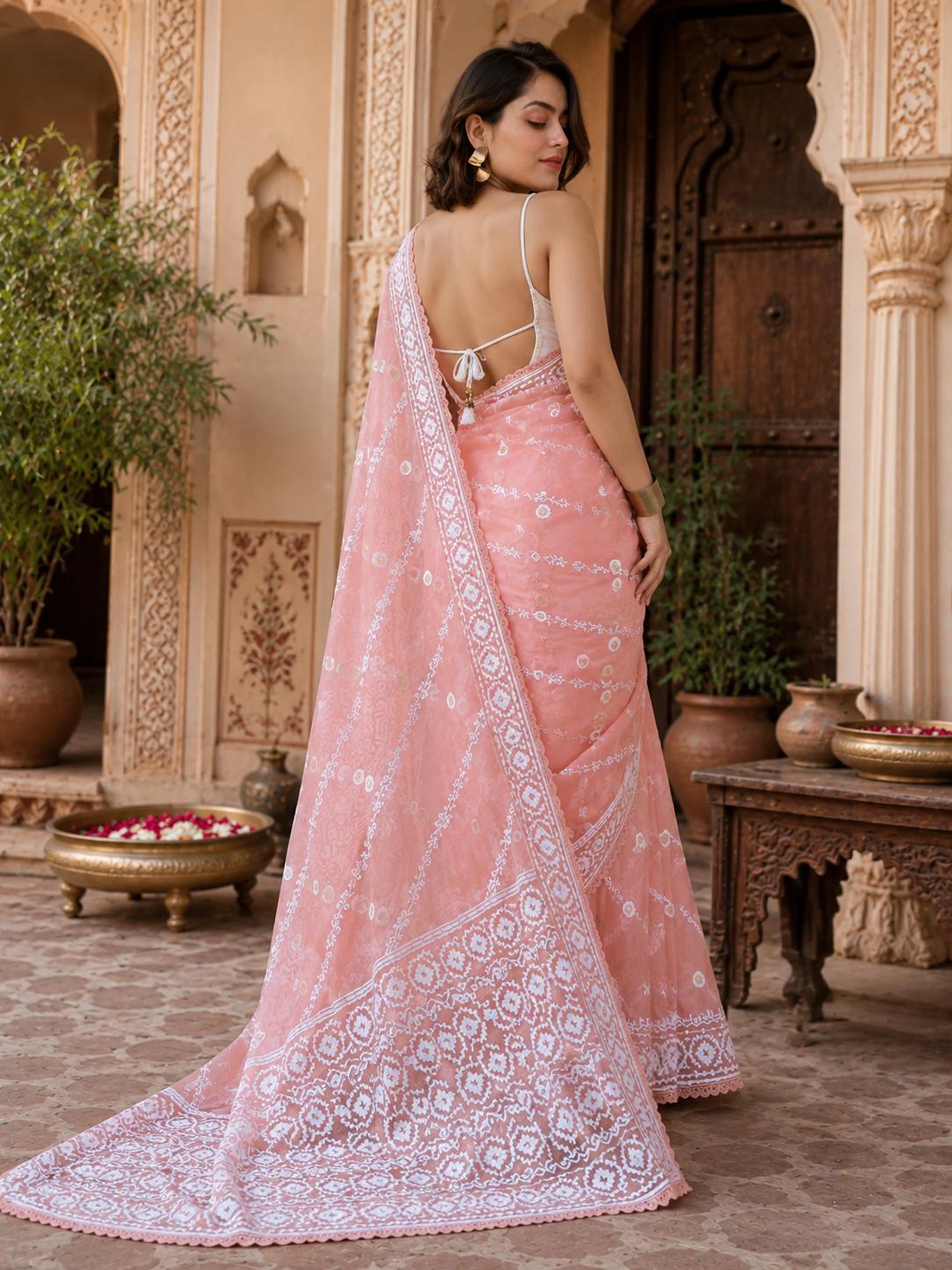 Organza Silk Embroidery Work Saree With Unstitched Blouse(baby Pink) image 2